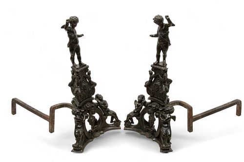 Pair of Rococo Style Bronze Figural Andirons, H 40" W 20" Depth 13"
