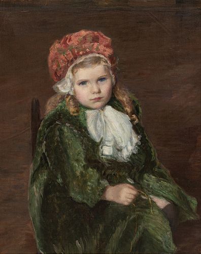 Lilla Cabot Perry (American, 1848-1933) Oil on Canvas "Portrait of a Girl in a Red Bonnet", H 27" W 21"