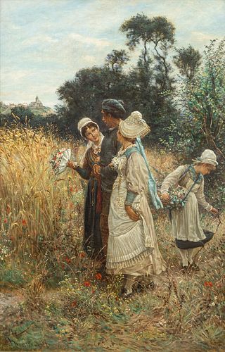 William John Hennessy, NA (Irish/American, 1839-1917) Oil on Canvas 1881, "En Fete, Calvados", H 41" W 26"
