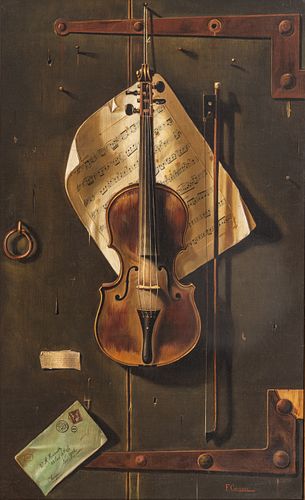 Frank Califano (Italian-American, 1879-1939) Trompe-l'œil Oil on Canvas, Ca. 1922, "His Master's Aim", H 36" W 22.25"
