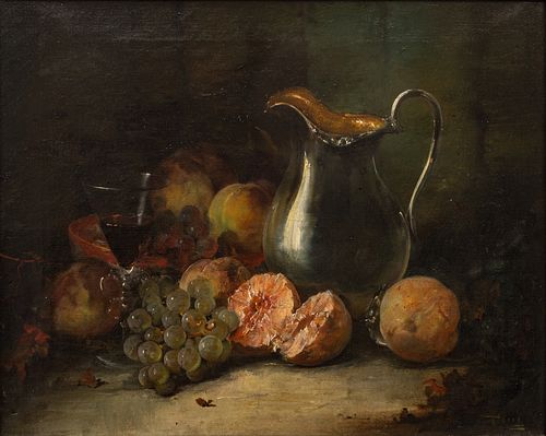John F. Francis (American, 1808-1886) Oil on Canvas Ca. 1860-1880, "Still Life with Fruit, Silver Pitcher, And Wine", H 16" W 20"