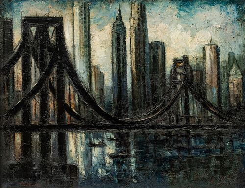 Adolph Arthur Dehn (American, 1895-1968) Oil on Canvas, 1944, "Queensboro Bridge & Manhattan Skyline", H 24" W 31.5"