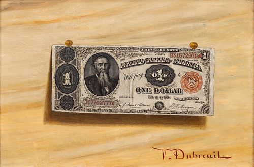 Victor Dubreuil (American, 1846-1946) Trompe L'œil Oil on Canvas "One Dollar", H 7.75" W 11.75"