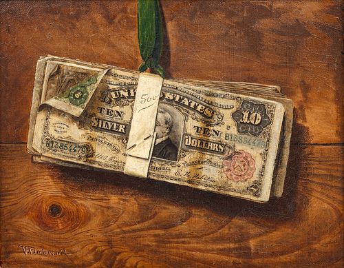 Victor Dubreuil (American, 1846-1946) Oil on Panel "Ten Dollar Silver Note", H 9" W 11"