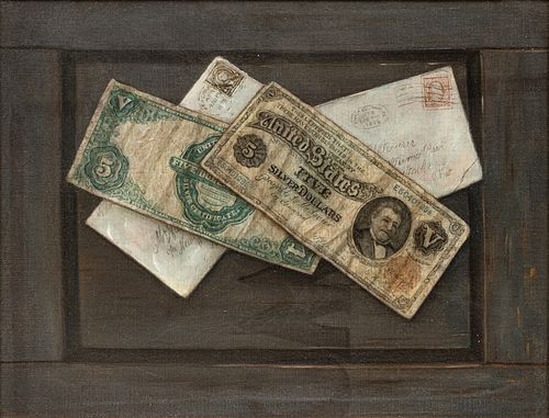 Charles Alfred Meurer (American, 1865-1955) Oil on Canvas, Ca. 1898, "A Pair of Fives", H 13" W 17"
