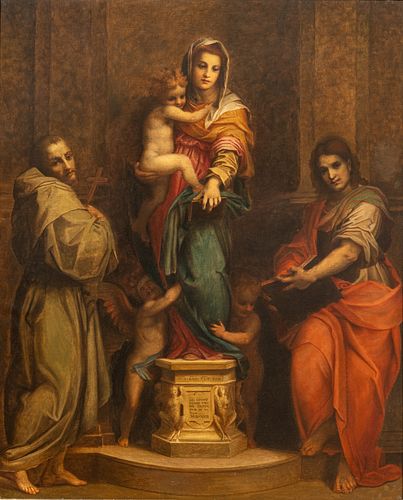 After Andrea Del Sarto (Italian, 1486-1530) Oil on Canvas Ca. C. 1910-1920, "Madonna Delle Arpie", H 42" W 34"