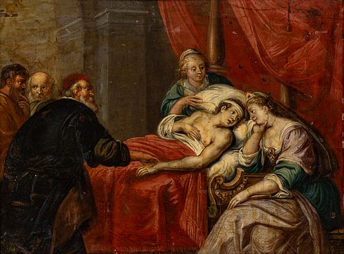 After Studio of Sir Peter Paul Rubens (Belgian, 1577-1640) Oil on Copper Panel 18th C., "Antiochus And Stratonice", H 6.6" W 8.9"