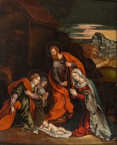 In the Manner of Matthias Gerung (German, 1500-1569) Oil on Cradled Panel, Ca. Late 16th/early 17th C., "The Adoration", H 21" W 17.25"