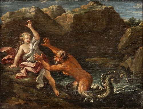 Filippo Lauri (Italian (Rome), 1623-1674) Oil on Canvas Ca. 1640, "The Myth of Alpheus And Arethusa", H 7.75" W 10.25"