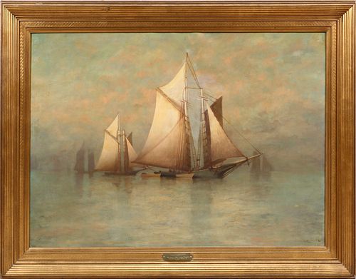 Reginald Cleveland Coxe (American, 1855-1927) Oil on Canvas, Ca. 1880s, "The Gloucester Fishing Fleet", H 34'' W 51''