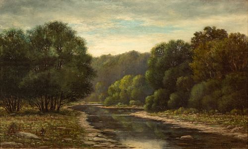 Albert Francis King (American, PA, 1854-1945) Oil on Canvas Ca. 1900-1910, "Summer Landscape with Stream", H 20" W 33"