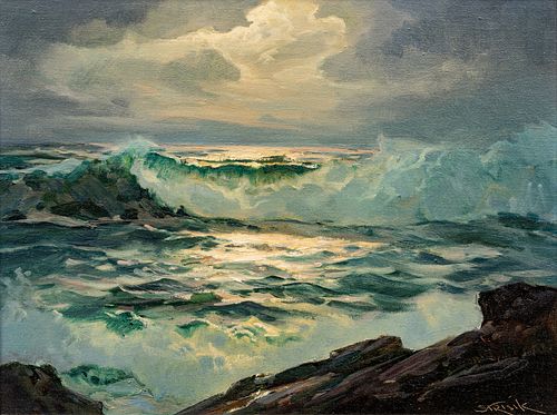 Paul Strisik (American, 1918-1998) Oil on Artist Board "Rocky Surf", H 12" W 16"