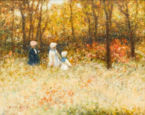 André Gisson (American, 1921-2003) Oil on Canvas "A Walk in the Garden", H 16.2" W 20"