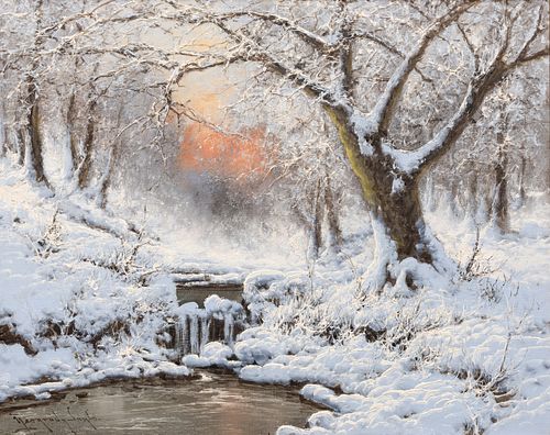 Laszlo Neogrady (Hungarian, 1896-1962) Oil on Canvas "Winter Sunset", H 24" W 30"