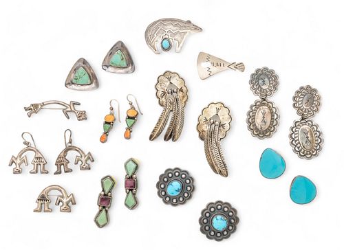 Native American Sterling Silver & Stone Earrings & Brooches, H 1.5" W 0.25" 4.17t oz 12 pcs