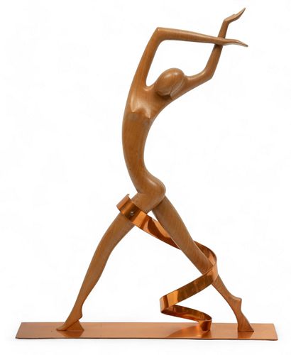 Franz Hagenauer (Austrian, 1906-1986) Mid Century Modern Wood & Copper Figural Sculpture, H 22" W 3.5" L 17.25"