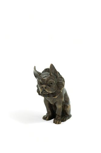 Signed 'EF', French Bronze Miniature, Bulldog with Ruffled Collar, Ca. 1900, H 2.25" W 1" Depth 2" 156g