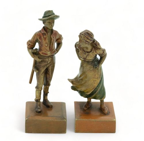 Austrian Cold Painted Bronze Miniature Statuettes, Countryman & Woman, Ca. 1900, H 3" W 1" Depth 1" 1 Pair