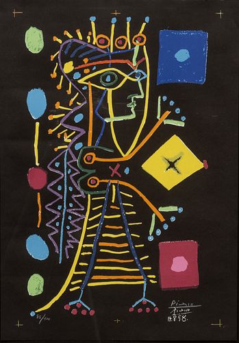 Pablo Picasso (Spanish, 1881-1973) Lithograph in Colors on Wove Paper Ca. 1958, "La Femme Aux Des Jacqueline", H 20.1" W 13.25"