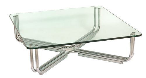 Gianfranco Frattini (Italian, 1926-2004) for Cassina Polished Chromed Steel, Glass Top Ca. 1969, "Model 784 Low Table", H 12" W 40" L 40"