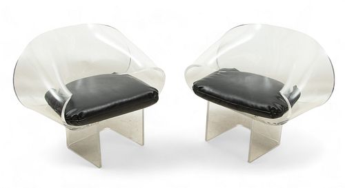 Attributed to Robert Van Horn (American) Lucite Ribbon Lounge Chairs, Ca. 1970, H 31" W 40" Depth 20" 1 Pair