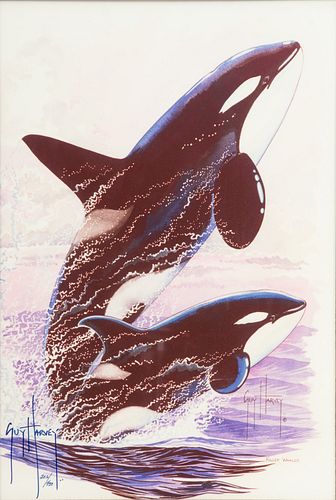 Guy Harvey (British, B. 1955) Limited Edition Digital Multiple Print on Aluminum, Ca. 2015, "Killer Whales Jumping", H 16.5" W 11.25"