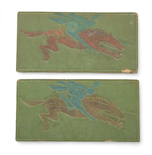 Rookwood Pottery (American) Faience Ceramic Tiles, Spirit of Cavalry, Ca. 1880, H 4.5" W 9.25" 2 pcs