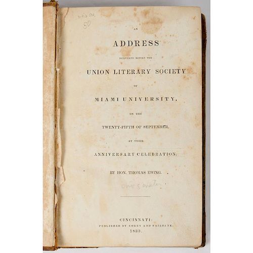 [Americana - Ohioana - Sammelband] Bound Collection 19th C. Pamphlets, Addresses, Imprints, Etc.-- Ewing; Beecher; J.Q. Adams
