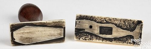 Two carved bone sailors' whaling ledger stamps