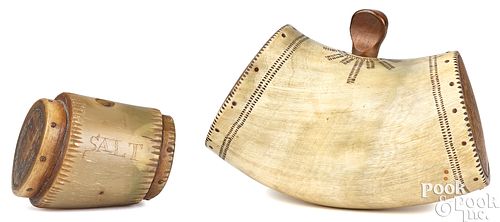 Two engraved scrimshaw horns, 19th c.