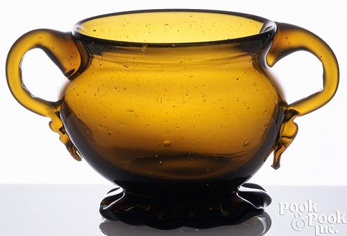 Blown olive amber glass open sugar bowl, 20th c.