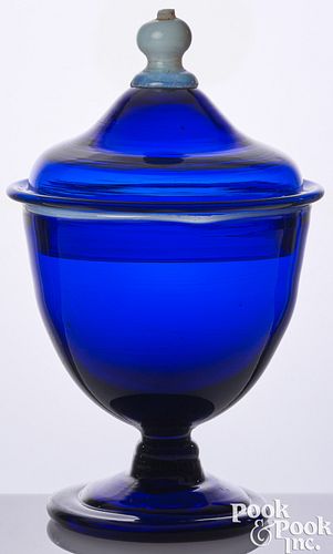 Blown cobalt blue glass covered sugar bowl