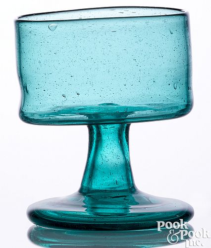 Blown green aquamarine glass footed bowl, 19th c.