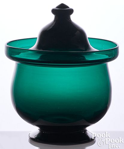 Blown emerald green glass covered sugar bowl