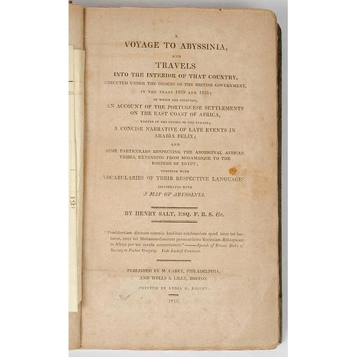 [Travel - Africa - Ethiopia] Henry Salt Voyage to Abyssinia, 1816 1st American Edition, Folding Engraved Map Colored in Outli