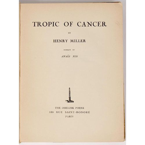 [Literature - Modern Firsts] Rare 1st Printing, Henry Miller, Tropic of Cancer, Obelisk Press Paris - 1934 in Restored Pictor