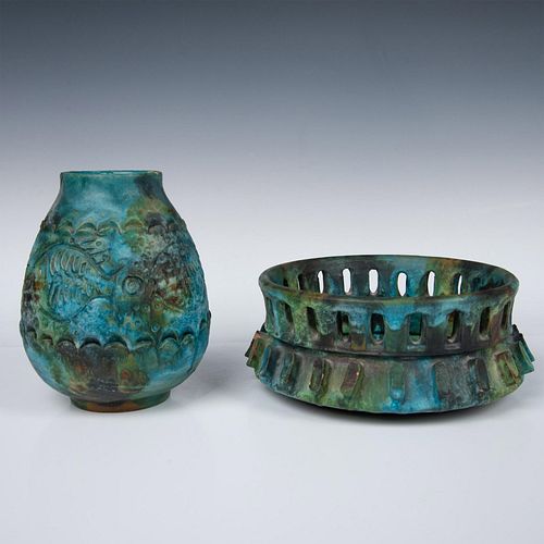 2pc Bitossi Sea Garden Glaze Vase and Decorative Bowl