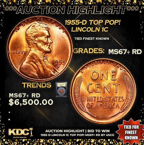 ***Auction Highlight*** 1955-d Lincoln Cent TOP POP! 1c Graded GEM++ RD By USCG (fc)