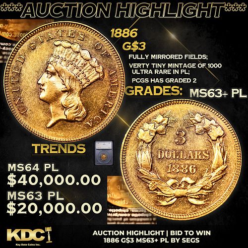 ***Auction Highlight*** 1886 Three Dollar Gold 3 Graded ms63+ PL By SEGS (fc)