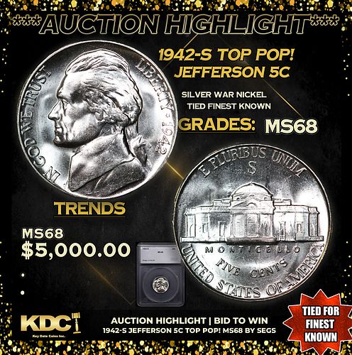 ***Auction Highlight*** 1942-s Jefferson Nickel TOP POP! 5c Graded ms68 BY SEGS (fc)
