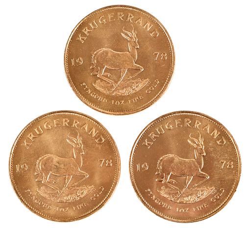 Three South African One-Ounce Gold Krugerrand Coins