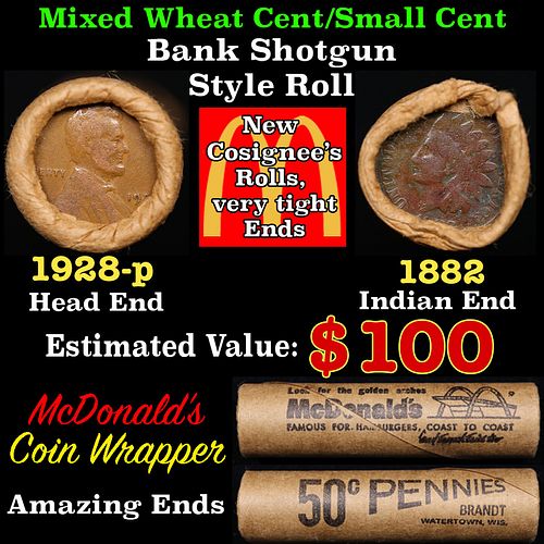 Small Cent Mixed Roll Orig Brandt McDonalds Wrapper, 1928-p Lincoln Wheat end, 1882 Indian other end, 50c