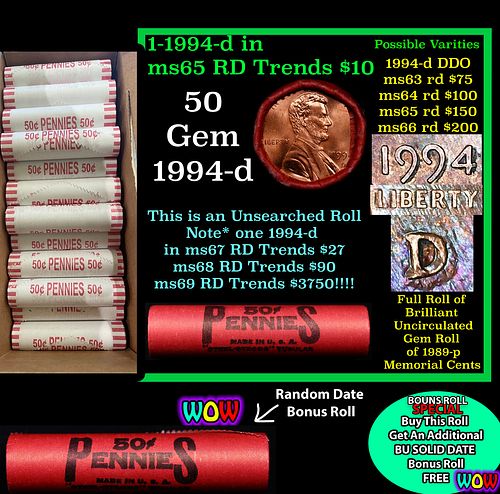 THIS AUCTION ONLY! BU Shotgun Lincoln 1c roll, 1994-d 50 pcs Plus one bonus random date BU roll! Bank Wrapper 50c
