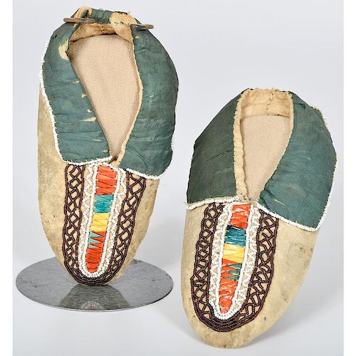 Iroquois Beaded and Quilled Hide Child's Moccasins