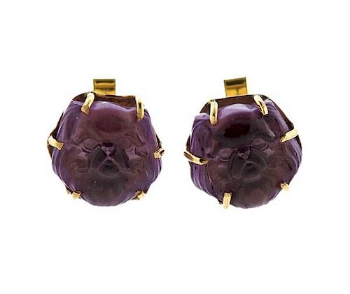 Carved Purple Stone 14k Gold Dog Cufflinks