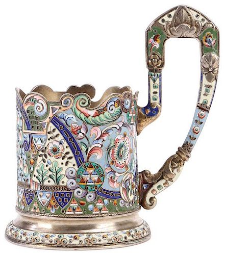 RUSSIAN SILVER & ENAMEL TEA GLASS HOLDER