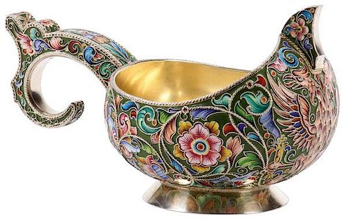 AN IMPRESSIVE RUSSIAN SILVER AND ENAMELED KOVSH