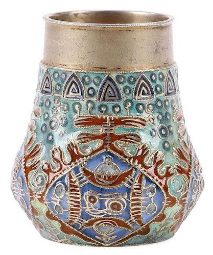 A FABERGE SILVER AND ENAMELED VASE, RUCKERT