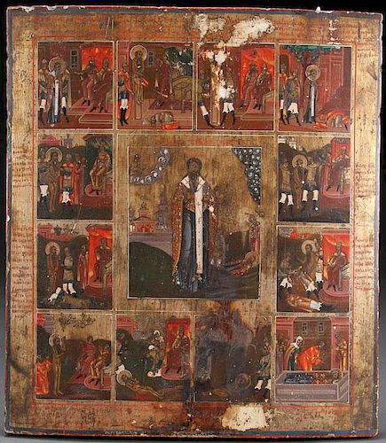 A RUSSIAN ICON OF ST. KHARLAMPIY WITH LIFE SCENES