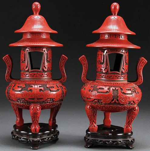 A MATCHING PAIR OF CHINESE CARVED CINNABAR CENSER